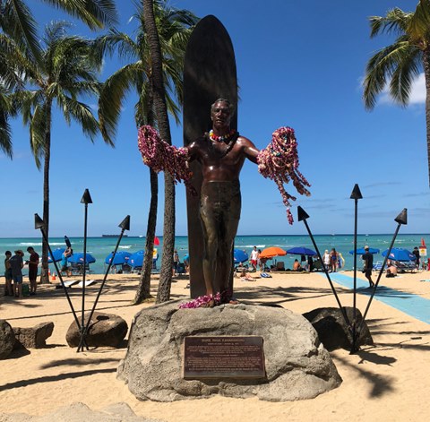 Duke Kahanamoku statue at Waikiki Beach, Hawaii.