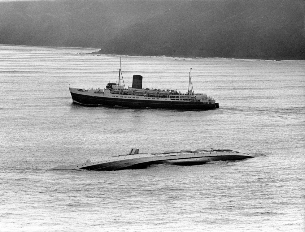 The TEV Maori passes the TEV Wahine the day after the disaster.