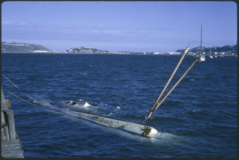 A vessel sunk in Evans Bay after the "Wahine" storm