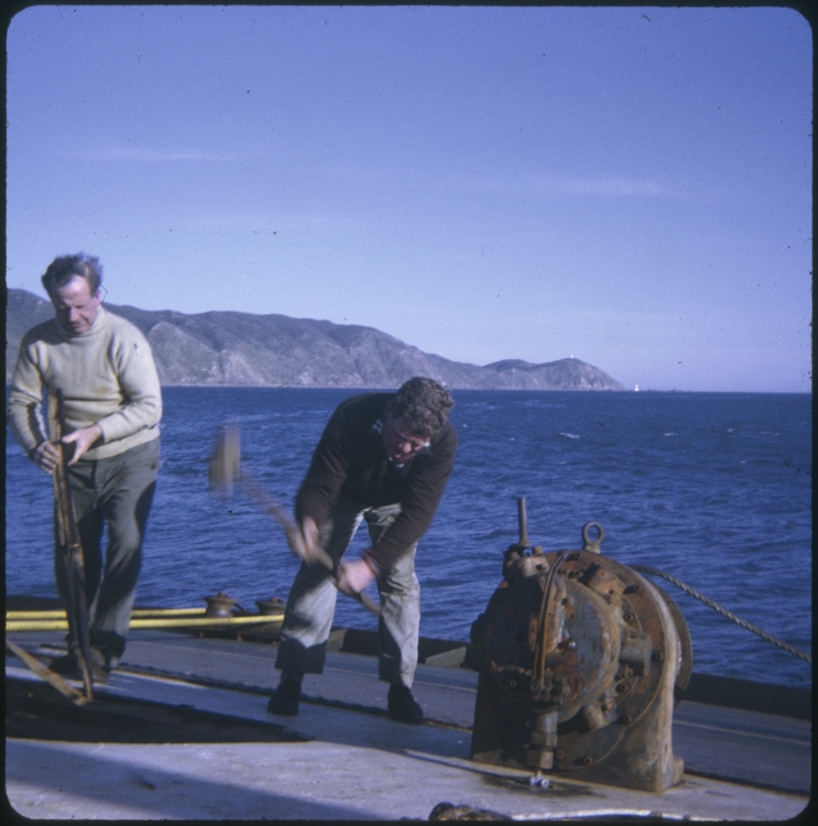 Two men on the TEV Wahine wreck during the salvage operation