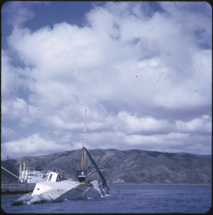 The salvage vessel Holmpark along side of the TEV Wahine wreck.