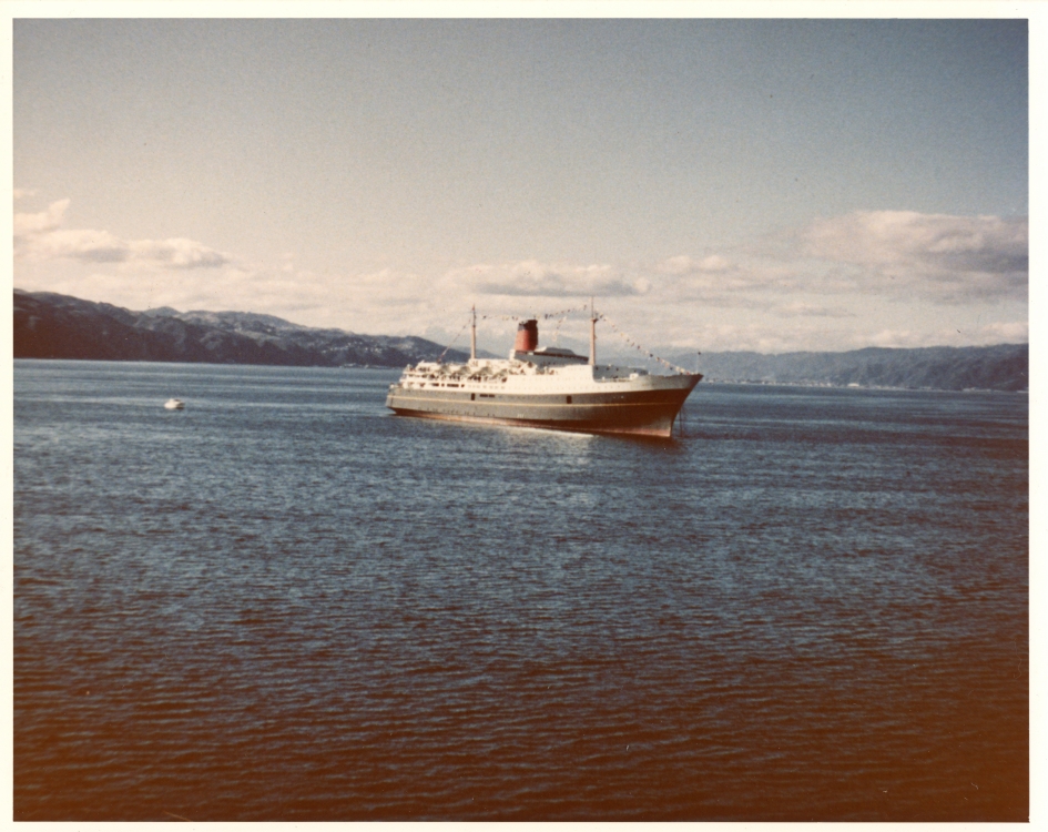 TEV Wahine at anchor in Wellington Harbour on arrival from the United Kingdom on her maiden voyage