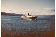 TEV Wahine at anchor in Wellington Harbour on arrival from the United Kingdom on her maiden voyage